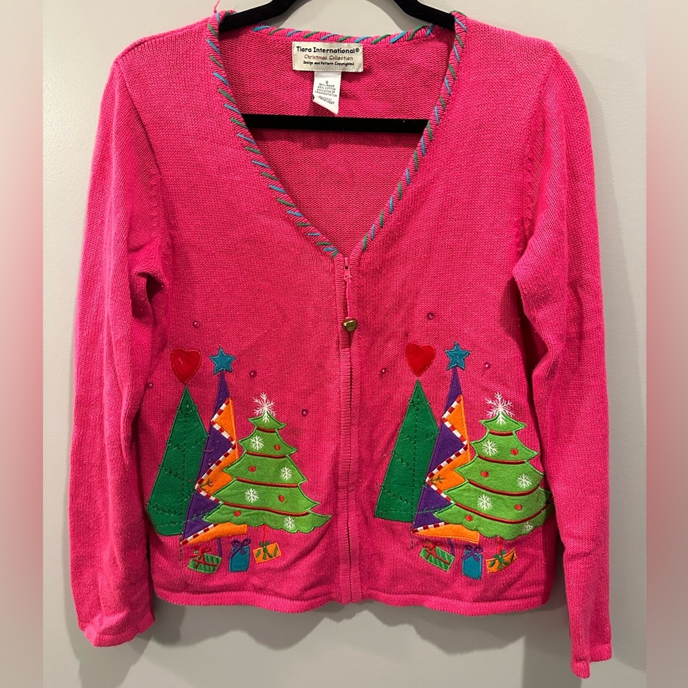 Vintage Tiara International Tacky Christmas Sweater Pink Size Zip Up